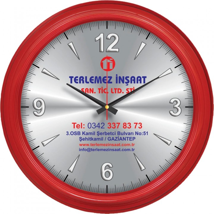 Logo Baskılı 46 cm Parlak Kırmızı Geniş Çerçeveli Metal Kadranlı Plastik Duvar Saati